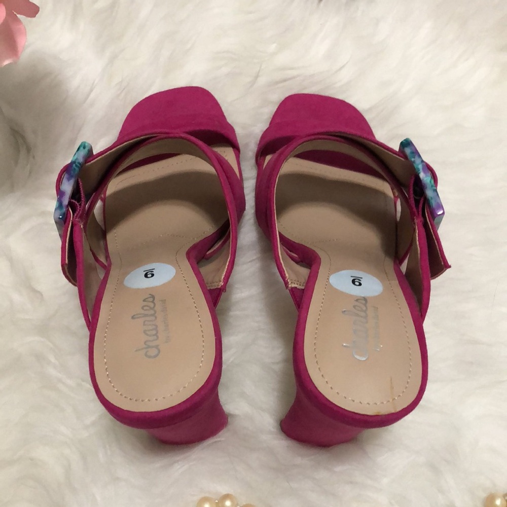 CHARLES DAVID • Gorgeous Pink Open Toe Pumps with Colorful Buckle Detail Accent - Picture 4 of 13